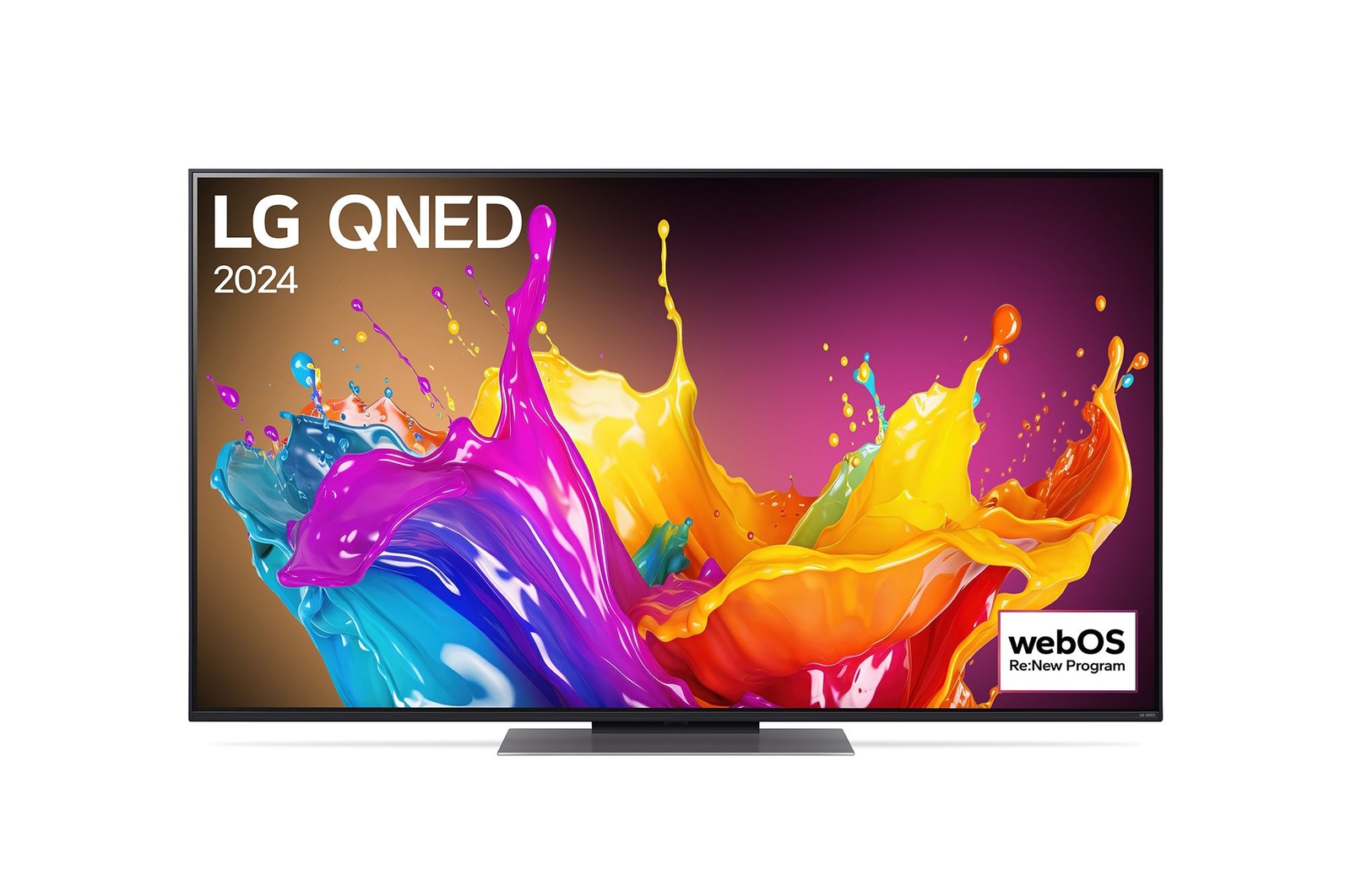 Ansicht der Vorderseite des LG QNED TV, QNED86 mit Text LG QNED und 2024 auf dem Bildschirm