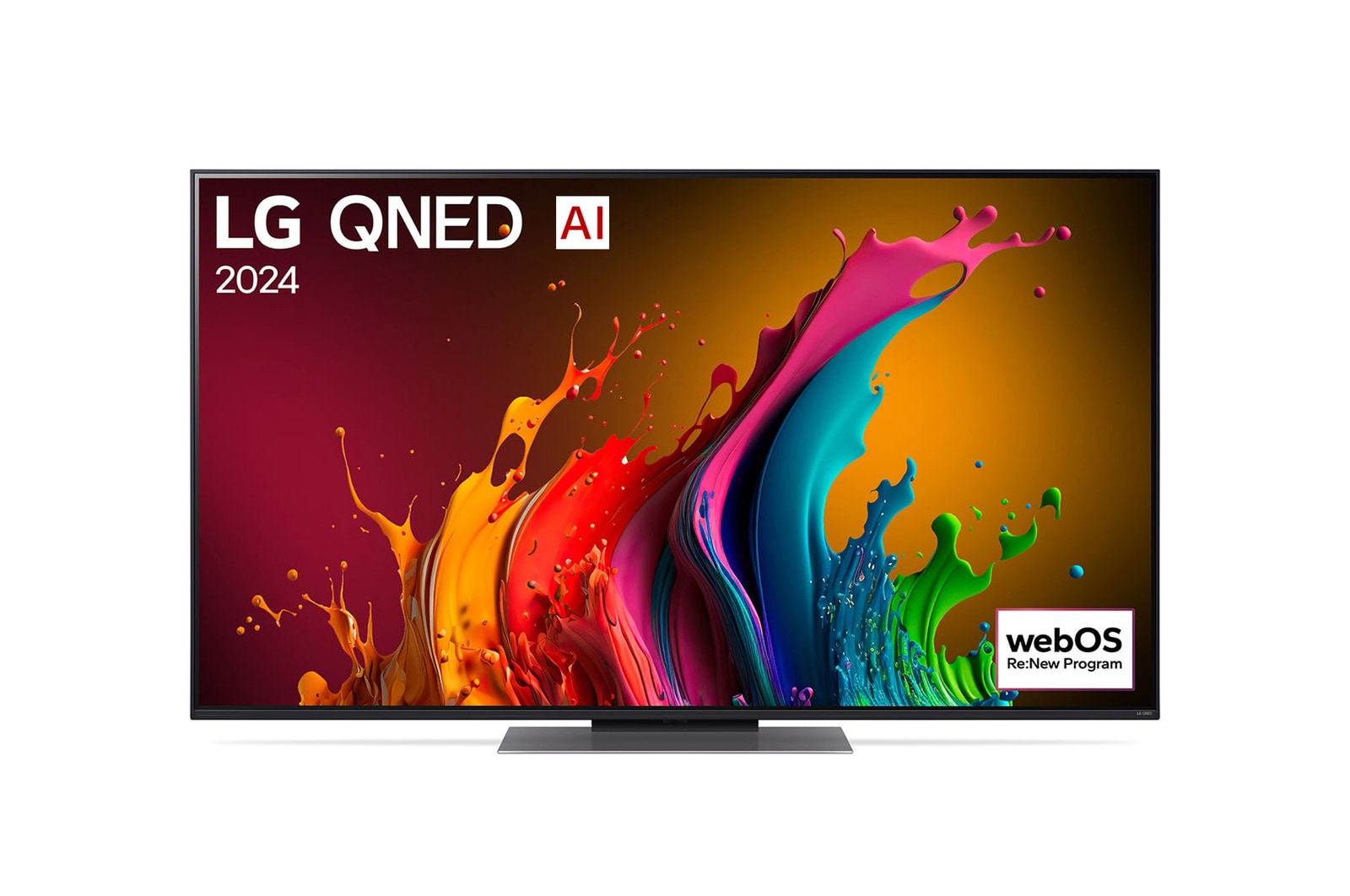 Ansicht der Vorderseite des LG QNED TV, QNED85 mit Text LG QNED und 2024 auf dem Bildschirm