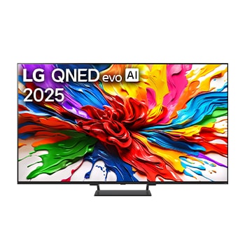 Frontansicht des LG QNED evo TV, LG QNED evo Al Logo in der oberen Ecke. LG QNED evo TV zeigt bunte Paintike-Texturen, die zusammenkommen.