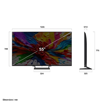 Frontansicht und Seitenansicht des LG QNED evo AI 4K Smart TV mit den Abmessungen Länge, Breite, Höhe und Tiefe.