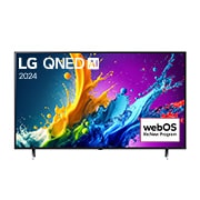 Ansicht der Vorderseite des LG QNED TV, QNED80 mit Text LG QNED und 2024 auf dem Bildschirm