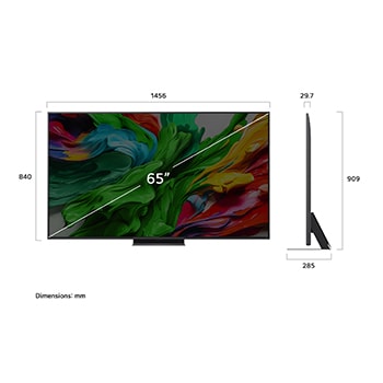 Frontansicht und Seitenansicht des LG QNED evo AI 4K Smart TV mit den Abmessungen Länge, Breite, Höhe und Tiefe.