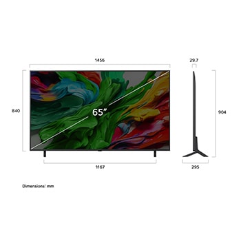 Frontansicht und Seitenansicht des LG QNED evo AI 4K Smart TV mit den Abmessungen Länge, Breite, Höhe und Tiefe.