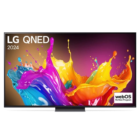 Ansicht der Vorderseite des LG QNED TV, QNED86 mit Text LG QNED und 2024 auf dem Bildschirm