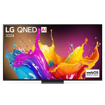 Ansicht der Vorderseite des LG QNED TV, QNED86 mit Text LG QNED und 2024 auf dem Bildschirm