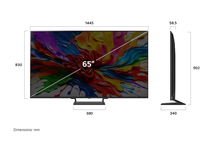 Frontansicht und Seitenansicht des LG QNED evo AI 4K Smart TV mit den Abmessungen Länge, Breite, Höhe und Tiefe.