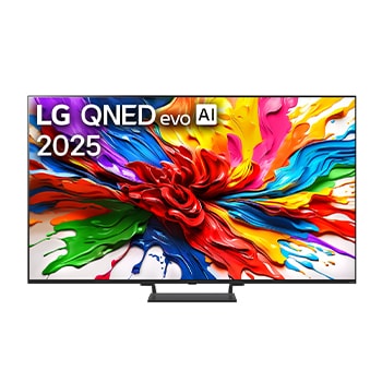 Frontansicht des LG QNED evo TV, LG QNED evo Al Logo in der oberen Ecke. LG QNED evo TV zeigt bunte Paintike-Texturen, die zusammenkommen.