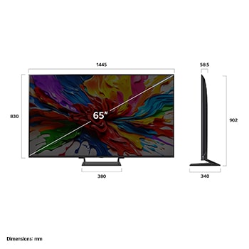 Frontansicht und Seitenansicht des LG QNED evo AI 4K Smart TV mit den Abmessungen Länge, Breite, Höhe und Tiefe.