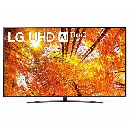 LG 65UQ91009LA Vorderansicht des LG UHD TV mit eingefügtem Bild und Produktlogo