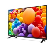 Leicht geneigte, nach links gerichtete Seitenansicht ansicht des LG UHD TV, UT80