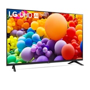 Leicht geneigte, nach links gerichtete Seitenansicht ansicht des LG UHD TV, UT80