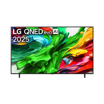 Frontansicht des LG QNED evo TV, LG QNED evo Al Logo in der oberen Ecke. LG QNED evo TV zeigt bunte Paintike-Texturen, die zusammenkommen.