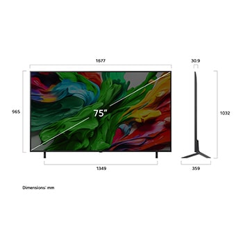 Frontansicht und Seitenansicht des LG QNED evo AI 4K Smart TV mit den Abmessungen Länge, Breite, Höhe und Tiefe.