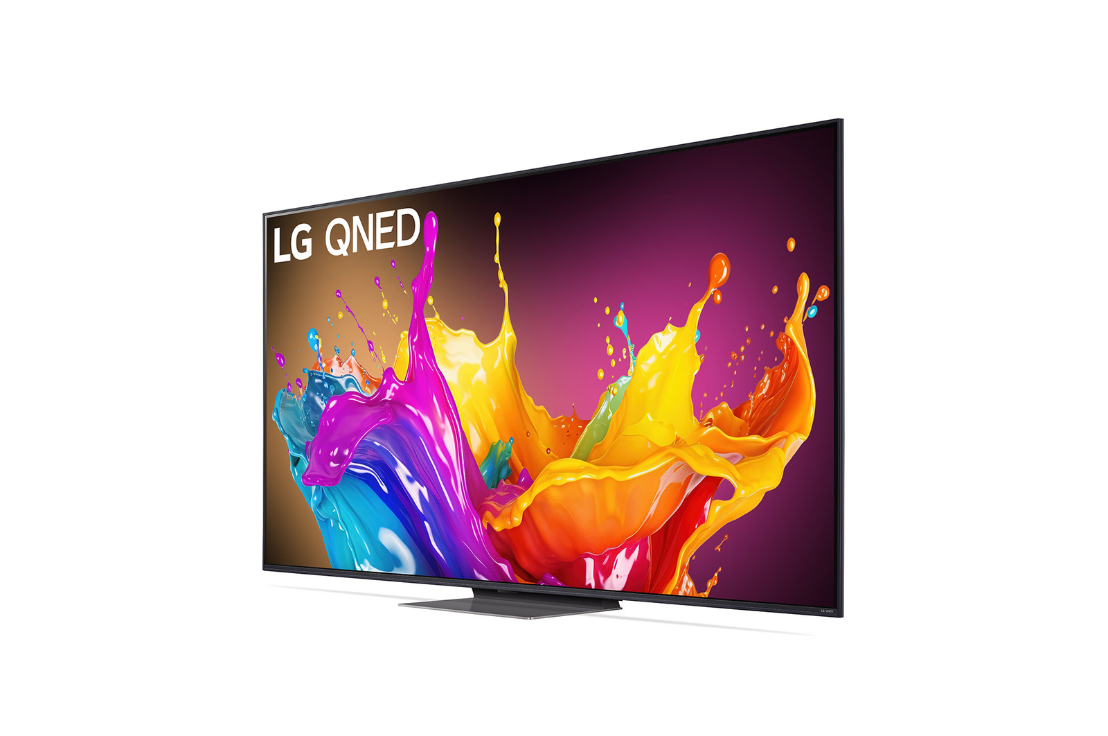 Leicht abgewinkelte Seitenansicht des LG QNED TV, QNED85