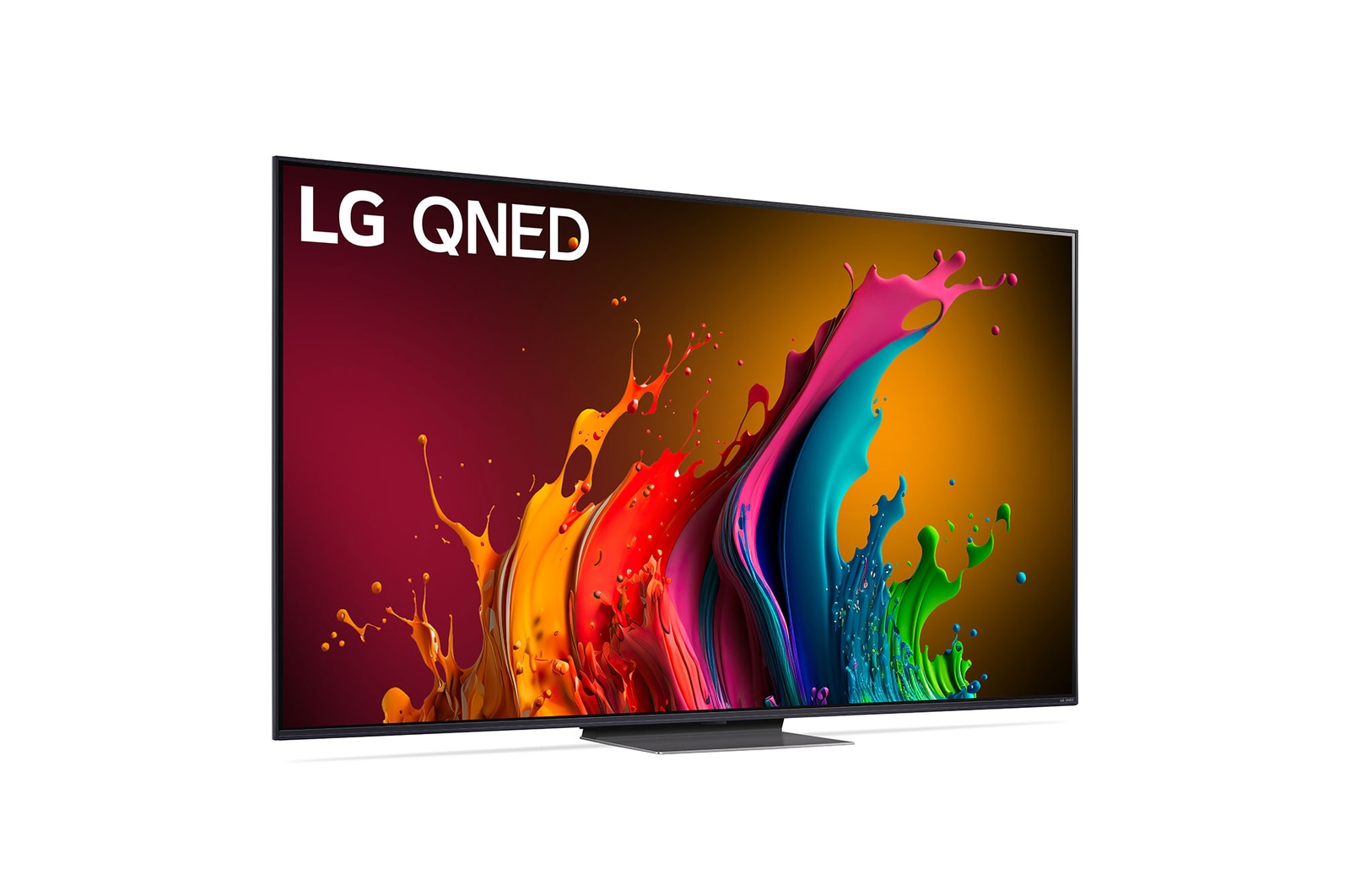 Leicht abgewinkelte Seitenansicht des LG QNED TV, QNED85