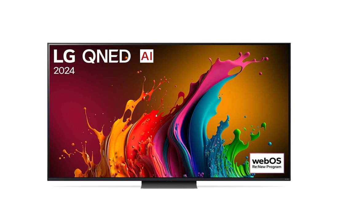 Ansicht der Vorderseite des LG QNED TV, QNED85 mit Text LG QNED und 2024 auf dem Bildschirm