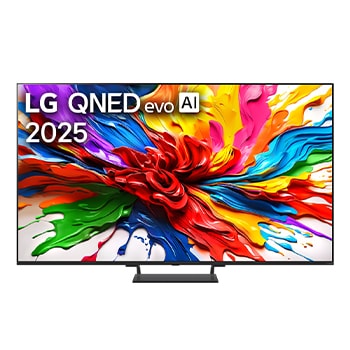 Frontansicht des LG QNED evo TV, LG QNED evo Al Logo in der oberen Ecke. LG QNED evo TV zeigt bunte Paintike-Texturen, die zusammenkommen.