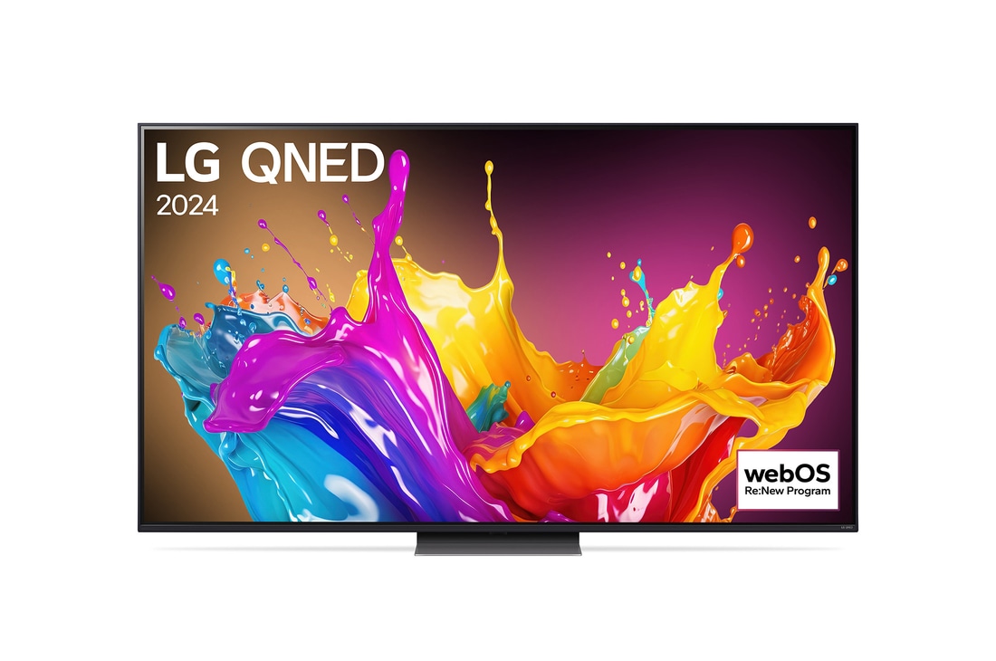 Ansicht der Vorderseite des LG QNED TV, QNED85 mit Text LG QNED und 2024 auf dem Bildschirm