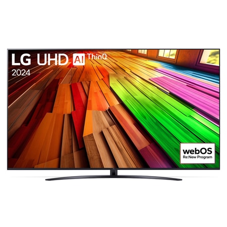 Vorderansicht des LG UHD TV, UT80 mit Text von LG UHD AI ThinQ und 2024 auf dem Bildschirm