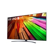 Leicht geneigte, nach links gerichtete Seitenansicht ansicht des LG UHD TV, UT80