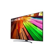 Leicht geneigte, nach links gerichtete Seitenansicht ansicht des LG UHD TV, UT80