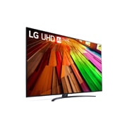 Leicht geneigte, nach links gerichtete Seitenansicht ansicht des LG UHD TV, UT80