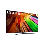 Leicht geneigte, nach links gerichtete Seitenansicht ansicht des LG UHD TV, UT80