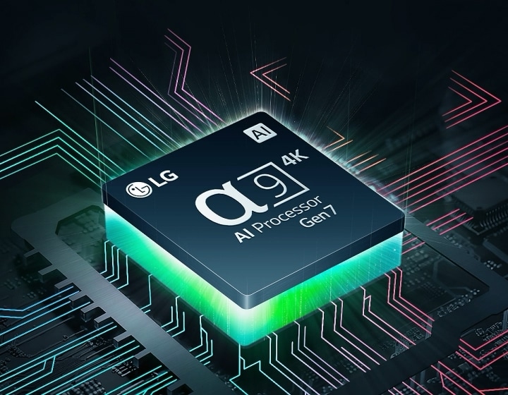 Der alpha 9 Gen7 4K AI-Prozessor von LG ist in der Dunkelheit kaum sichtbar. Der AI-Prozessor leuchtet grün und strahlt bunte Lichtblitze aus. Auf dem Motherboard erscheinen weitere Blitze, die sich weiter ausdehnen, und weiße, sternenähnliche Punkte werden sichtbar, was den Eindruck einer intergalaktischen Szene erweckt.
