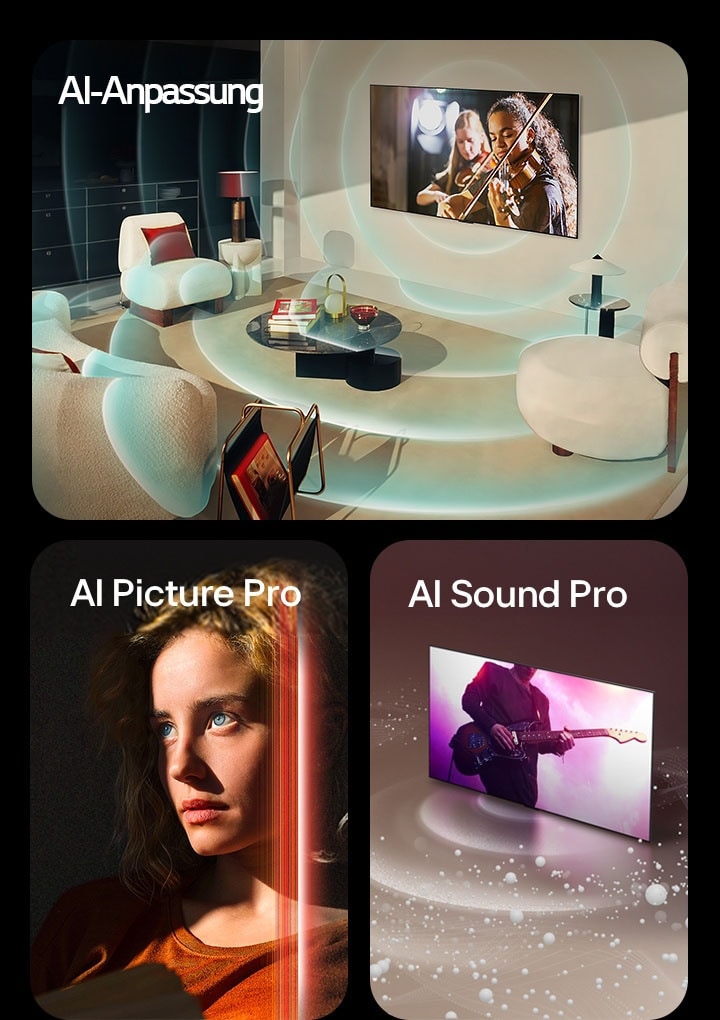 Wir sehen den LG OLED in einem modernen Wohnraum, der eine Musikaufführung auf dem Bildschirm zeigt. Blaue kreisförmige Wellen, die eine Personalisierung darstellen, umgeben den Fernseher und den Raum. Eine Frau mit durchdringenden blauen Augen und einem orangen Oberteil ist in einem dunklen Raum zu sehen. Rote Linien, die KI-Verfeinerungen darstellen, bedecken teilweise ihre hellen, detaillierten Gesichtszüge, während der Rest des Bildes eher glanzlos wirkt. Ein LG OLED TV ist zu sehen sowie Schallblasen und -wellen, die vom Bildschirm aus gehen und den Raum füllen.