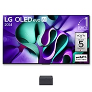 Vorderansicht mit LG OLED M4 auf dem Standfuß und Zero Connect Box darunter, 11 Jahre weltweit Nummer 1 OLED-Emblem, Logo des webOS Re:New-Programms und das Logo der 5-Jahres-Garantie auf dem Bildschirm