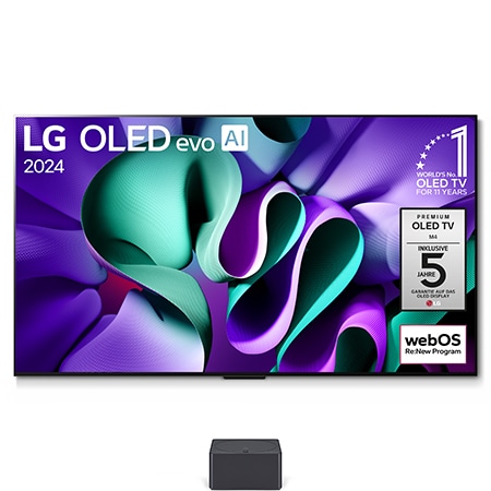 Vorderansicht mit LG OLED M4 auf dem Standfuß und Zero Connect Box darunter, 11 Jahre weltweit Nummer 1 OLED-Emblem, Logo des webOS Re:New-Programms und das Logo der 5-Jahres-Garantie auf dem Bildschirm