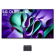 Leicht abgewinkelte Seitenansicht des LG OLED M4 auf dem Standfuß mit der Zero Connect Box darunter