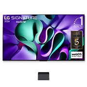 Vorderansicht mit LG OLED M4 auf dem Standfuß und Zero Connect Box darunter, 11 Jahre weltweit Nummer 1 OLED-Emblem, Logo des webOS Re:New-Programms und das Logo der 5-Jahres-Garantie auf dem Bildschirm