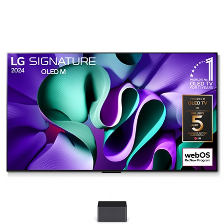 Vorderansicht mit LG OLED M4 auf dem Standfuß und Zero Connect Box darunter, 11 Jahre weltweit Nummer 1 OLED-Emblem, Logo des webOS Re:New-Programms und das Logo der 5-Jahres-Garantie auf dem Bildschirm