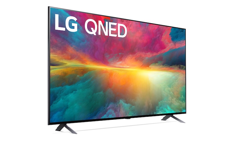 Leicht abgewinkelte Seitenansicht des LG QNED TV, 43QNED776RB
