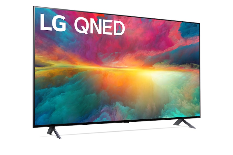 Leicht abgewinkelte Seitenansicht des LG QNED TV, 43QNED776RB