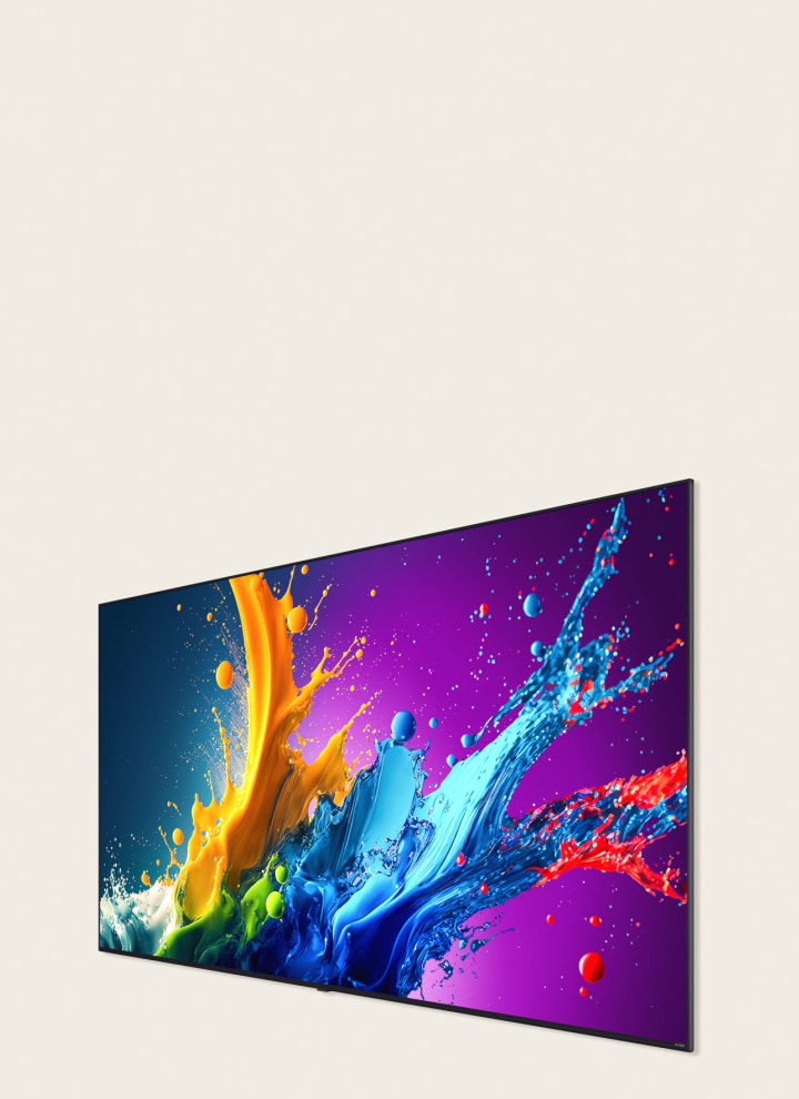 LG QNED80 screen featuring a colorful artwork.	