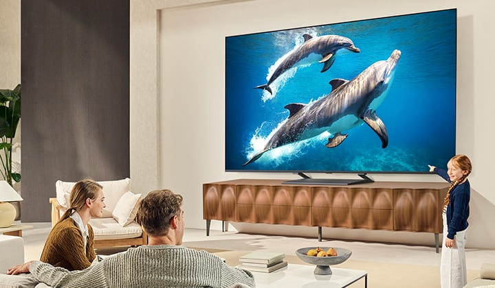 Ein Mädchen und ein Hund sitzen vor einem LG QNED-Fernseher, der an einer Wand montiert ist und drei Elefanten zeigt, die über einer LG Soundbar nach außen laufen.