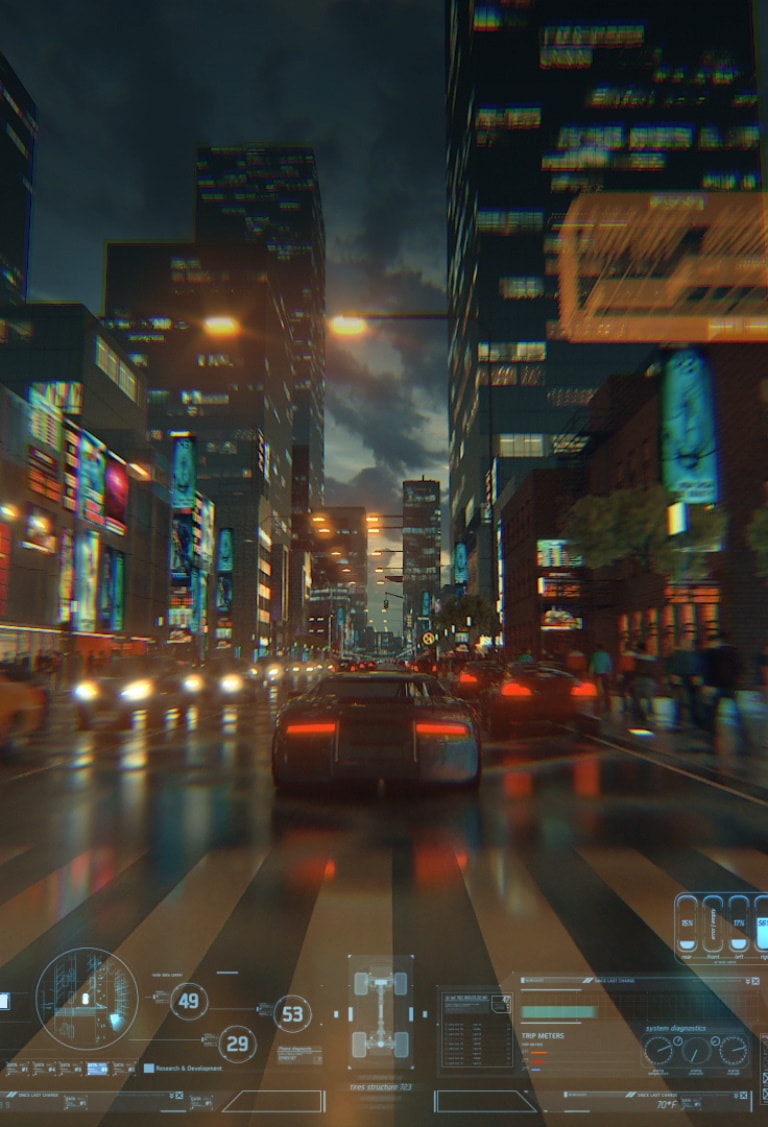 Ein Video zeigt ein Auto aus einem Videospiel von hinten, das in der Dämmerung auf einer hell beleuchteten Straße durch eine Stadt fährt.