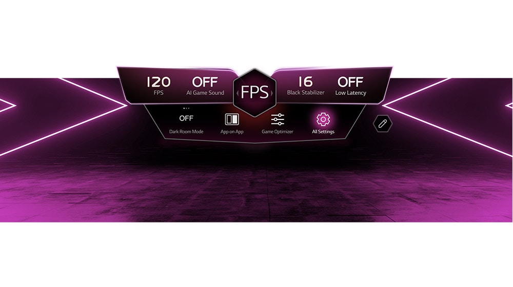 Ein Gaming-Menü mit Funktionen wie „Niedrige Latenz“ und „BpS“ und Einstellungen wie „Game Optimizer“ und „Dunkler-Raum-Modus“ wird angezeigt.