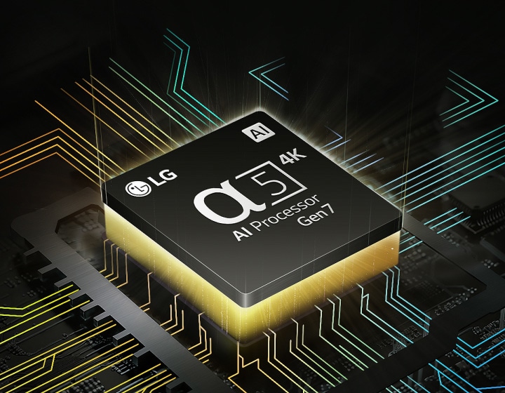 LGs alpha 5 KI-Prozessor 4K Gen7 mit gelbfarbenem Licht, das von der Unterseite ausstrahlt, und bunten Leiterbahnen, die vom KI-Prozessor abzweigen.	