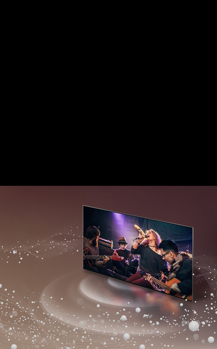 LG-Fernseher mit Klangblasen und Wellen, die vom Bildschirm ausgehen und den Raum füllen.	
