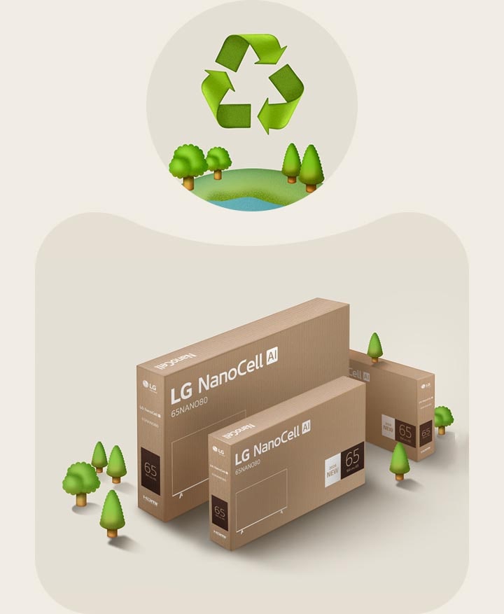 LG-NanoCell-Verpackung vor einem beigen Hintergrund mit illustrierten Bäumen.
