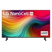 Vorderansicht des LG NanoCell-Fernsehers, NANO80 mit Text „LG NanoCell“ und „2024“ auf dem Bildschirm