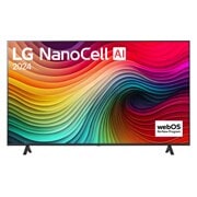 Vorderansicht des LG NanoCell-Fernsehers, NANO80 mit Text „LG NanoCell“ und „2024“ auf dem Bildschirm