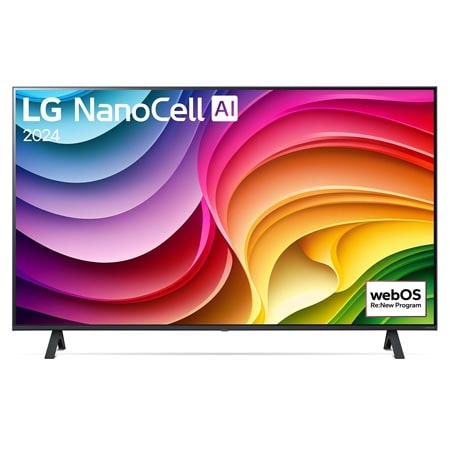 Vorderansicht des LG NanoCell-Fernsehers, NANO80 mit Text „LG NanoCell“ und „2024“ auf dem Bildschirm