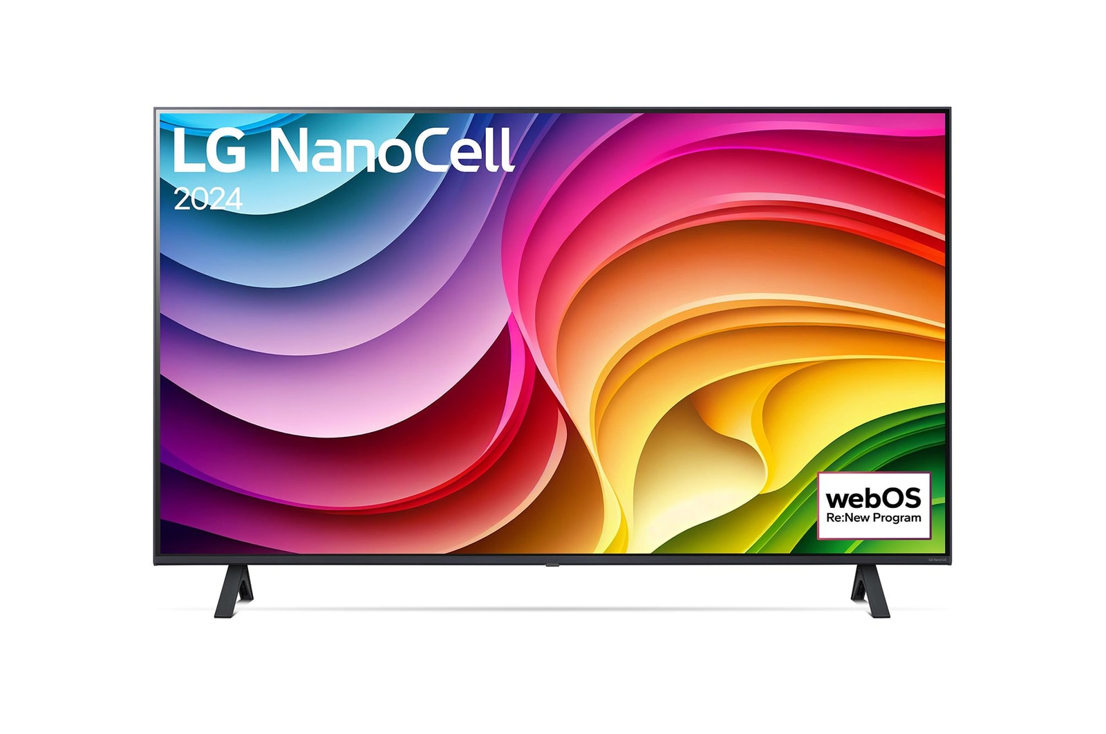 Vorderansicht des LG NanoCell-Fernsehers, NANO80 mit Text „LG NanoCell“ und „2024“ auf dem Bildschirm