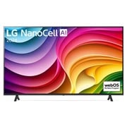 Vorderansicht des LG NanoCell-Fernsehers, NANO80 mit Text „LG NanoCell“ und „2024“ auf dem Bildschirm