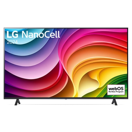 Vorderansicht des LG NanoCell-Fernsehers, NANO80 mit Text „LG NanoCell“ und „2024“ auf dem Bildschirm