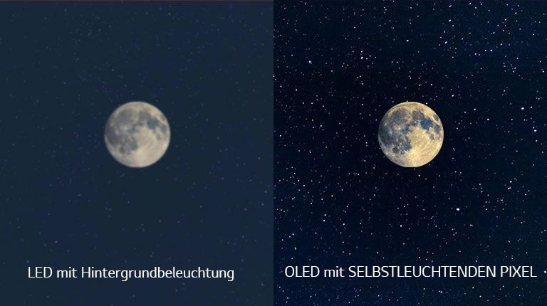 Eine Darstellung des Mondes, ein LED befindet sich auf der linken Seite und zeigt unzureichendes Schwarz an, während auf dem OLED auf der rechten Seite tiefstes Schwarz zu sehen ist (Video abspielen)